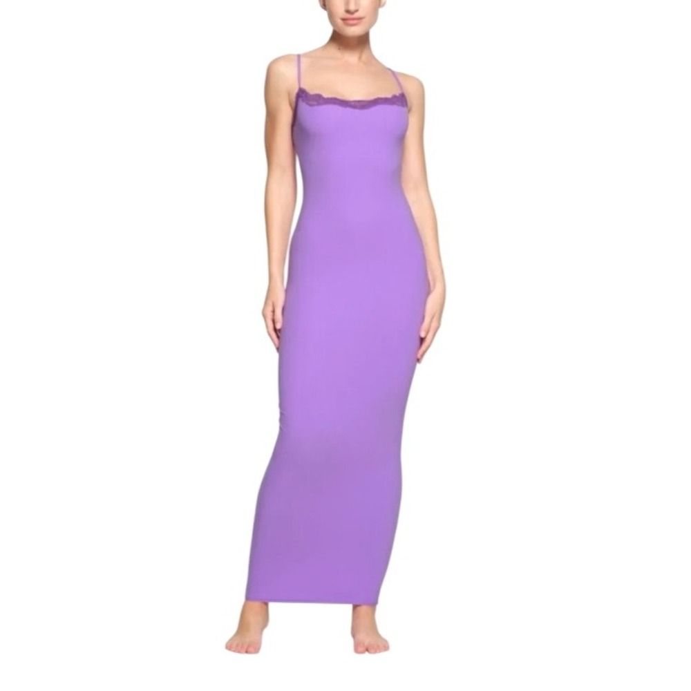 Skims Fits Everybody Lace Long Slip Dress Ultra Violet Multi 2X DR-MAX-4125 Maxi